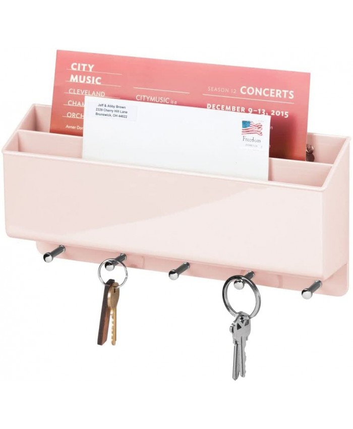 mDesign boîte à clés pratique pour couloir et cuisine – boîte a clés murale compacte avec 2 compartiments pour le courrier et 5 crochets – range-courrier en plastique – rose clair - B07RFSQYSG