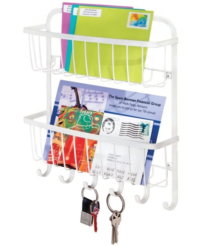 mDesign porte cléfs mural avec stockage pour couloir ou cuisine – porte courrier à 2 niveaux en métal – panneau à clés avec 6 crochets – blanc mat - B0733CNTYH