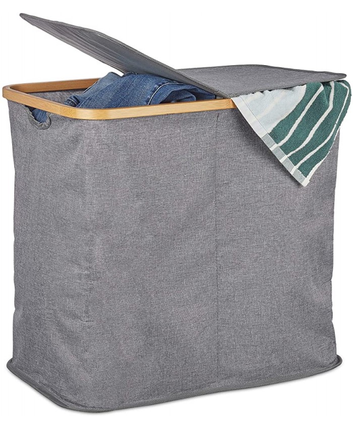 Relaxdays Panier tissu bambou Coffre pliable Corbeille à linge 2 compartiments 74 L gris polyester One size - B083JNMY85