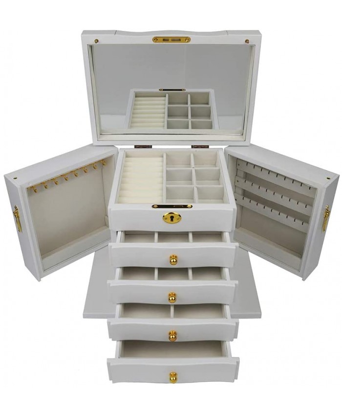 XYLUCKY Grand Bijoux en Bois Boîte Cabinet Armoire Miroir intégré et Lock pour Femmes Filles Collier Bague x 7.8W x 11,4 L 9.4H Pouces,Blanc - B0823Z4K1M