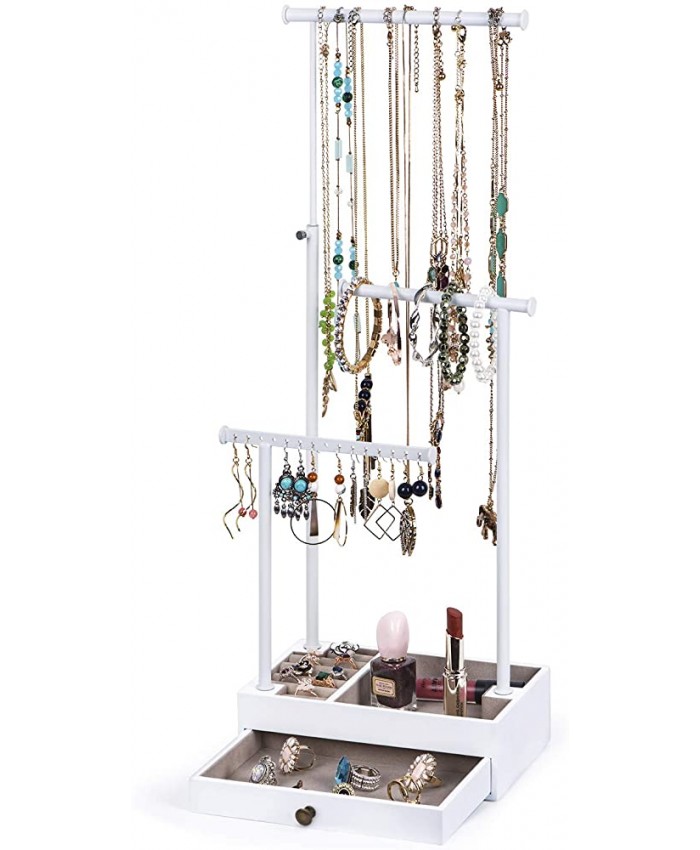 Love-KANKEI Présentoirs à bijoux  3 niveaux réglable avec grand tiroir de rangement support de collier pour organiser collier bracelet boucles d'oreilles bagues bijoux cosmétiques blanc - B07Y24WW3W