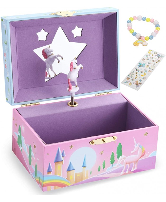 Boîte à bijoux musicale pour fille avec miroir en forme d'étoile licorne tournante et licorne Bracelet à thème et autocollant - B08PNPX7D1