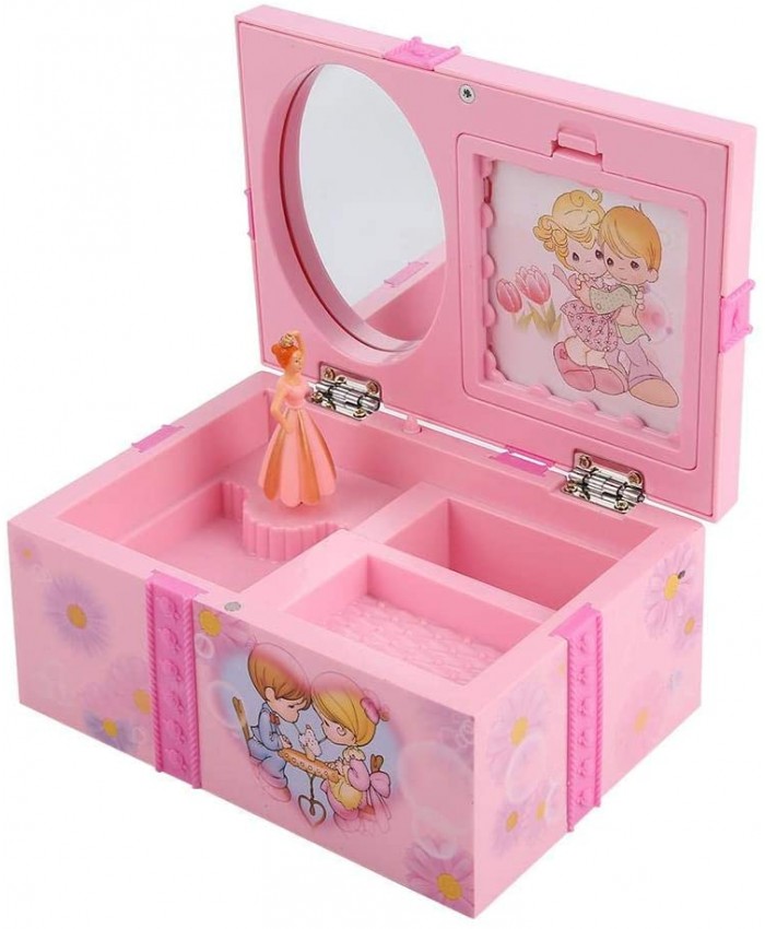 Boîte à musique pour enfants jouet filles dessin animé rose boîtier en plastique de stockage de bijoux miroir avec la danse rotative princesse - B07MQ1L277
