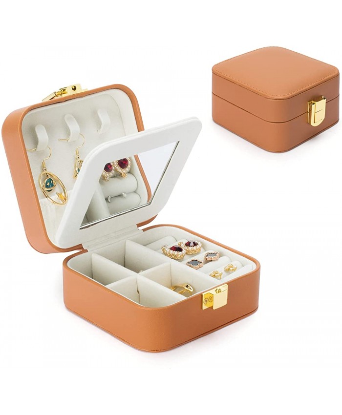 Coomazy Boîte à bijoux de voyage organisateur de bijoux verrouillable avec miroir boîte de voyage amovible Matériau doublure en velours marron 9,5x9,5x5cm - B0919GHNYL