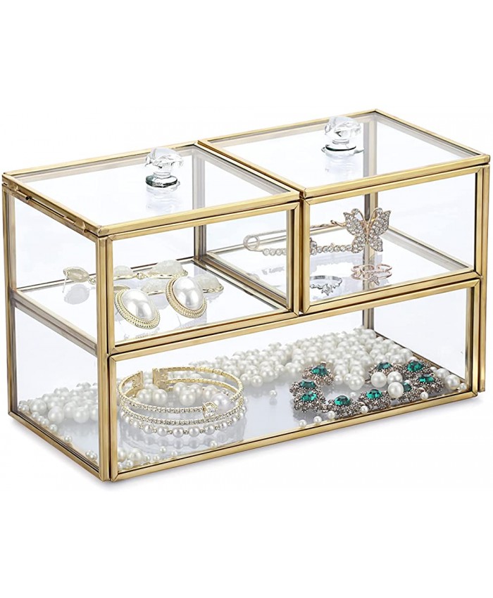 SUMNACON Boîte à bijoux vintage dorée à 2 étages avec couvercle en verre rectangulaire - B09NPLRHBN