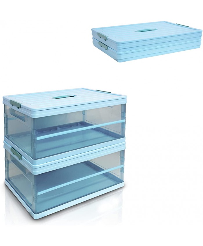 Boîtes de rangement pliables avec couvercle，Panier de rangement transparent rigide et pliable （42 x 28 x 21cm）*2 bleu - B09T67ZR13