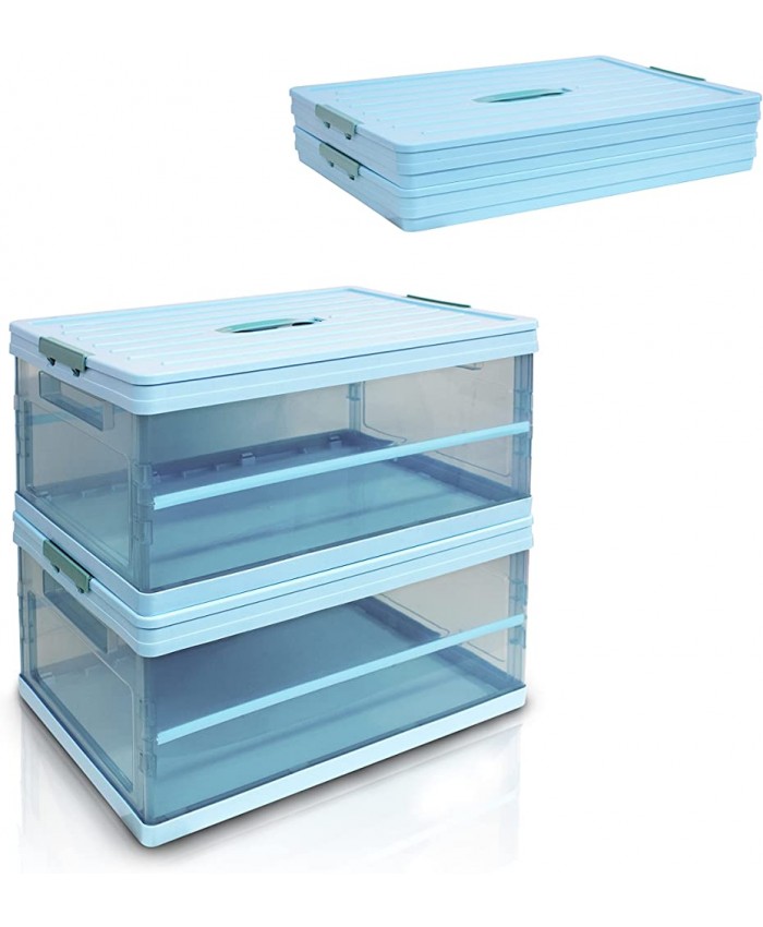 Boîtes de rangement pliables avec couvercle，Panier de rangement transparent rigide et pliable 50 x 36 x 26 cm*2 bleu - B09T5KDX2N