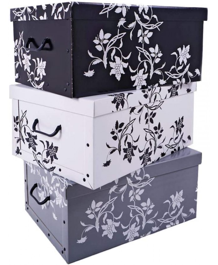 Lot de 3 boîtes de rangement de 3 couleurs blanc noir et gris avec un contenu de 45 litres chacune motif floral style baroque - B00YALQP7M