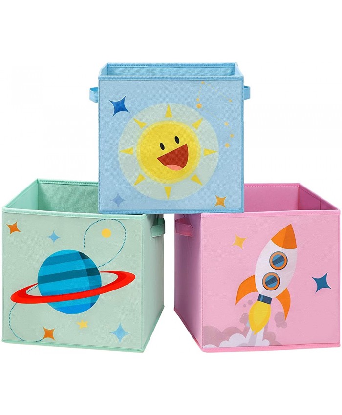 SONGMICS Boîtes de Rangement Lot de 3 Organisateurs pour Jouets Cubes Pliables avec poignées pour Chambre d'enfant Salle de Jeux 30 x 30 x 30 cm thème de l'espace Bleu Vert et Rose RFB001Y03 - B089329GK1