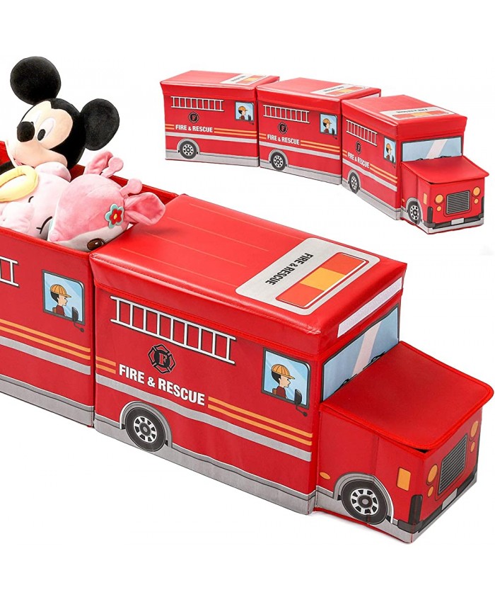 Yorbay Lot de 3 Boîtes de Rangement Enfant avec Couverture de Boîte Caisse de Rangement Organiseur de Jouets Livres Vêtements Modèle de Camion de Pompiers Rouge - B08FMMGL21