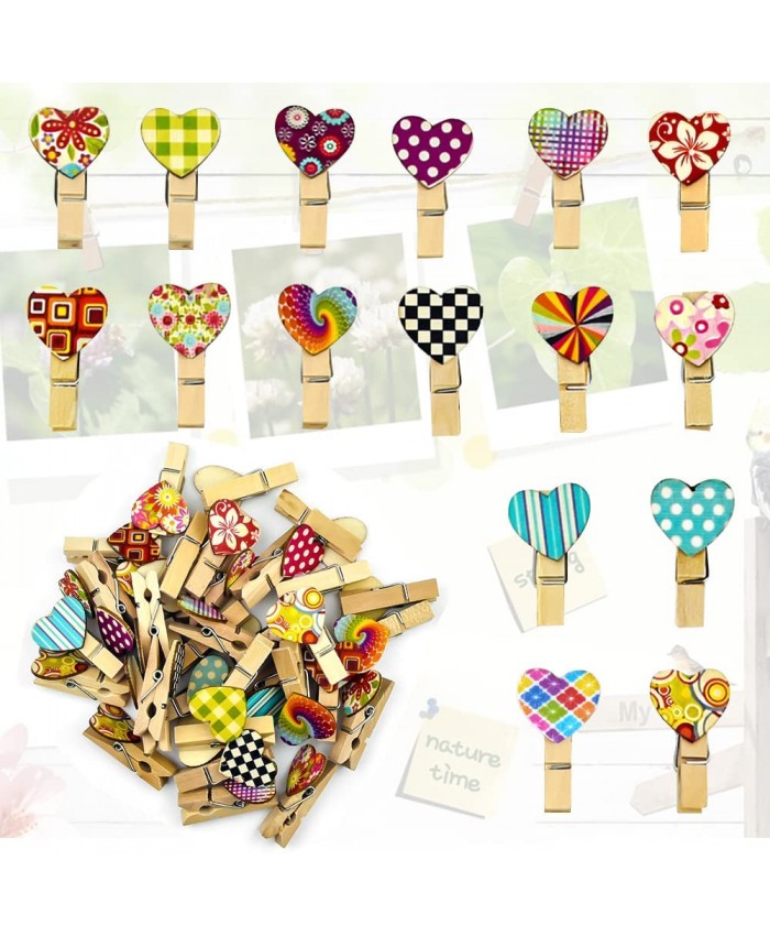 Cyleibe Lot de 50 mini pinces à linge multicolores en bois En forme de cœur Pour décoration de photos et de mariage cadeau - B08R9HG1LC