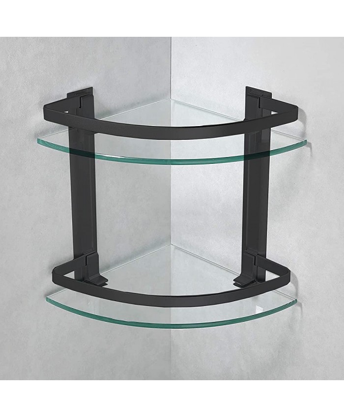 Étagère d'angle en verre trempé à deux étages avec barre en aluminium noir étagère de salle de bain à angle B5017 - B096XXNVKT